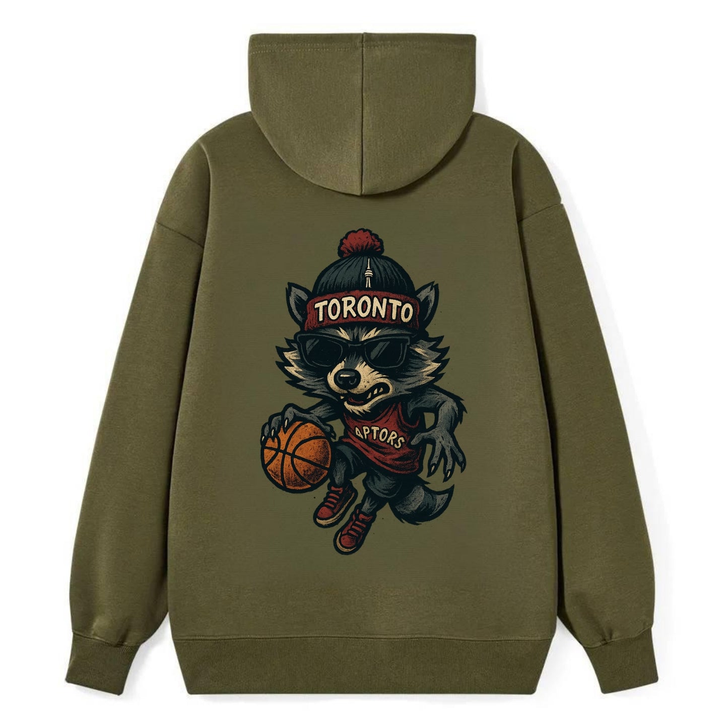 Toronto Raccoon wearing Raptors beanie with CN Tower patch and wayfarer - Classic Pullover Hoodie - ArmyGreen