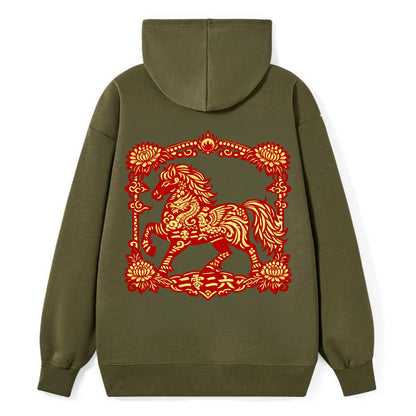 HORSE | Silk style horse design | Gold and silver thread appearance | - Classic Pullover Hoodie - ArmyGreen