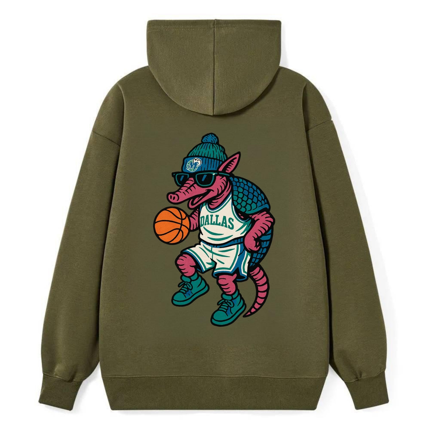 Dallas Armadillo wearing Mavericks beanie with cowboy hat patch and - Classic Pullover Hoodie - ArmyGreen