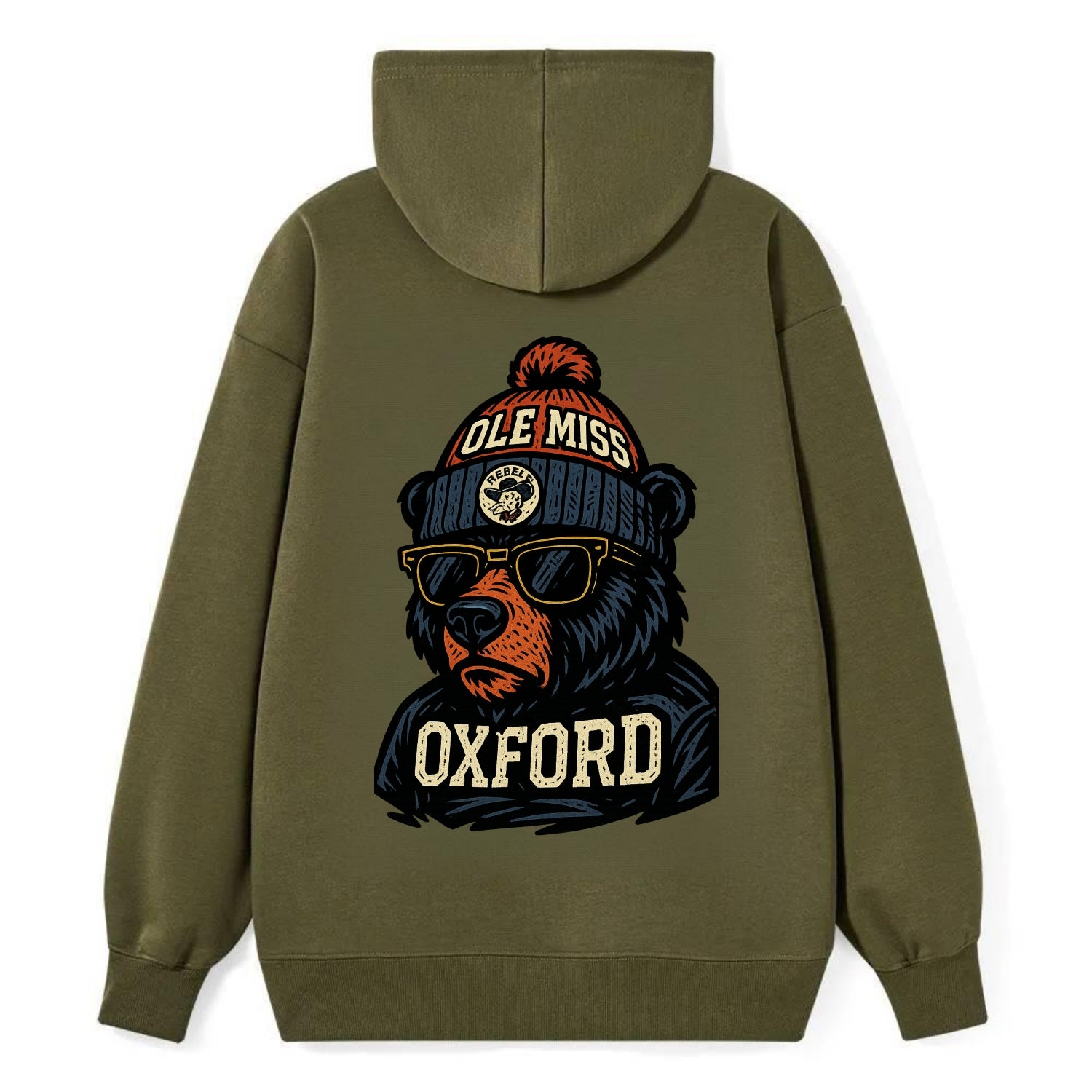 Oxford Black Bear wearing Ole Miss beanie with rebel patch - Classic Pullover Hoodie - ArmyGreen