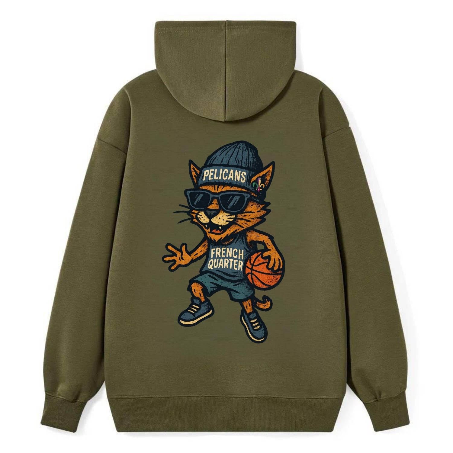 French Quarter Cat wearing Pelicans beanie with Mardi Gras patch and - Classic Pullover Hoodie - ArmyGreen