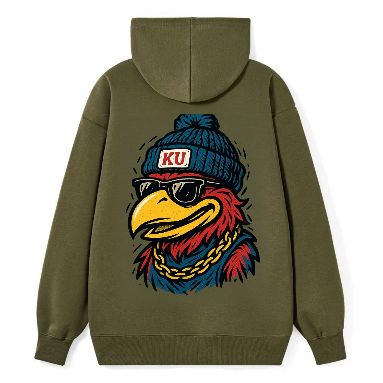 Lawrence Jayhawk wearing Kansas beanie with KU patch - Classic Pullover Hoodie - ArmyGreen