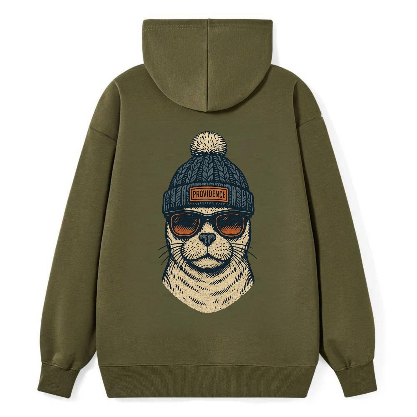 Rhode Island Harbor Seal wearing Providence beanie with pom pom and - Classic Pullover Hoodie - ArmyGreen