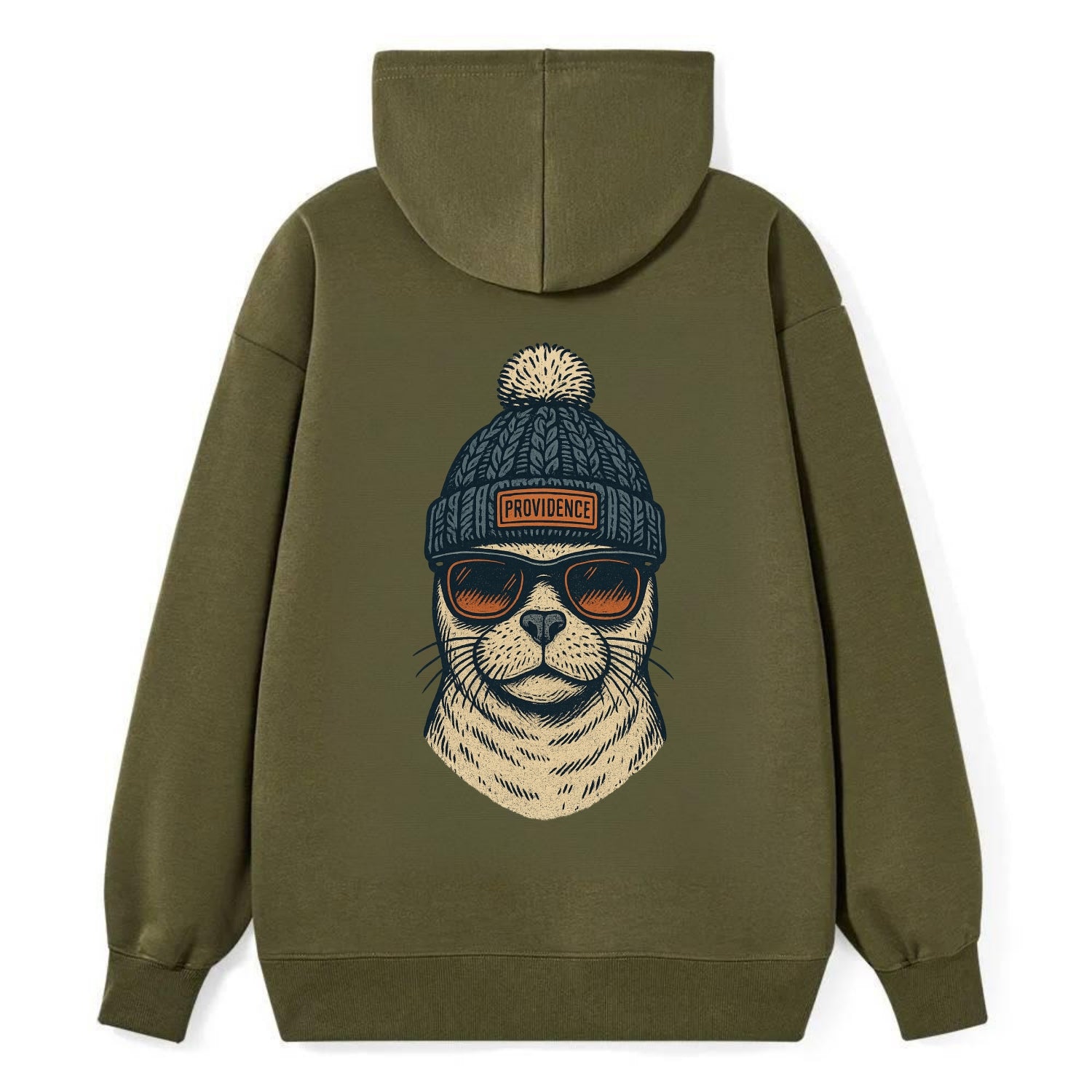 Rhode Island Harbor Seal wearing Providence beanie with pom pom and - Classic Pullover Hoodie - ArmyGreen