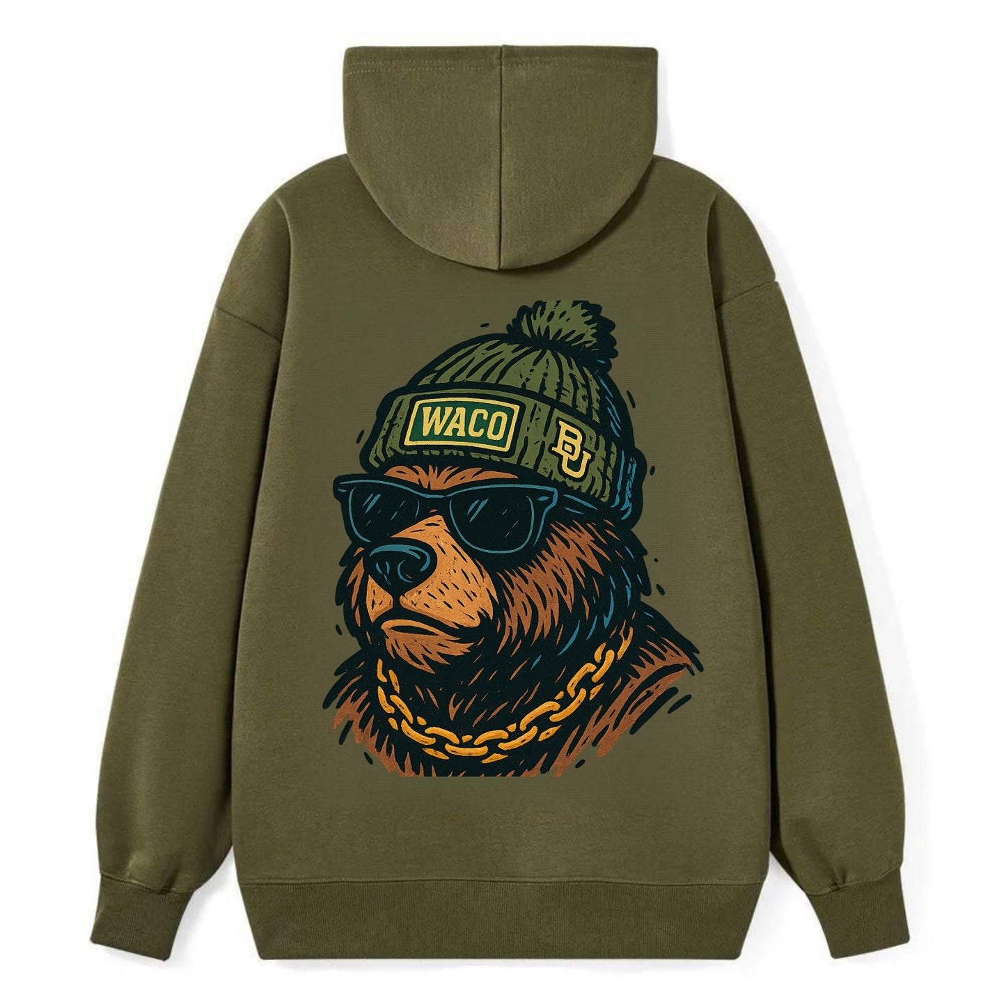 Waco Bear wearing Baylor beanie with BU patch - Classic Pullover Hoodie - ArmyGreen