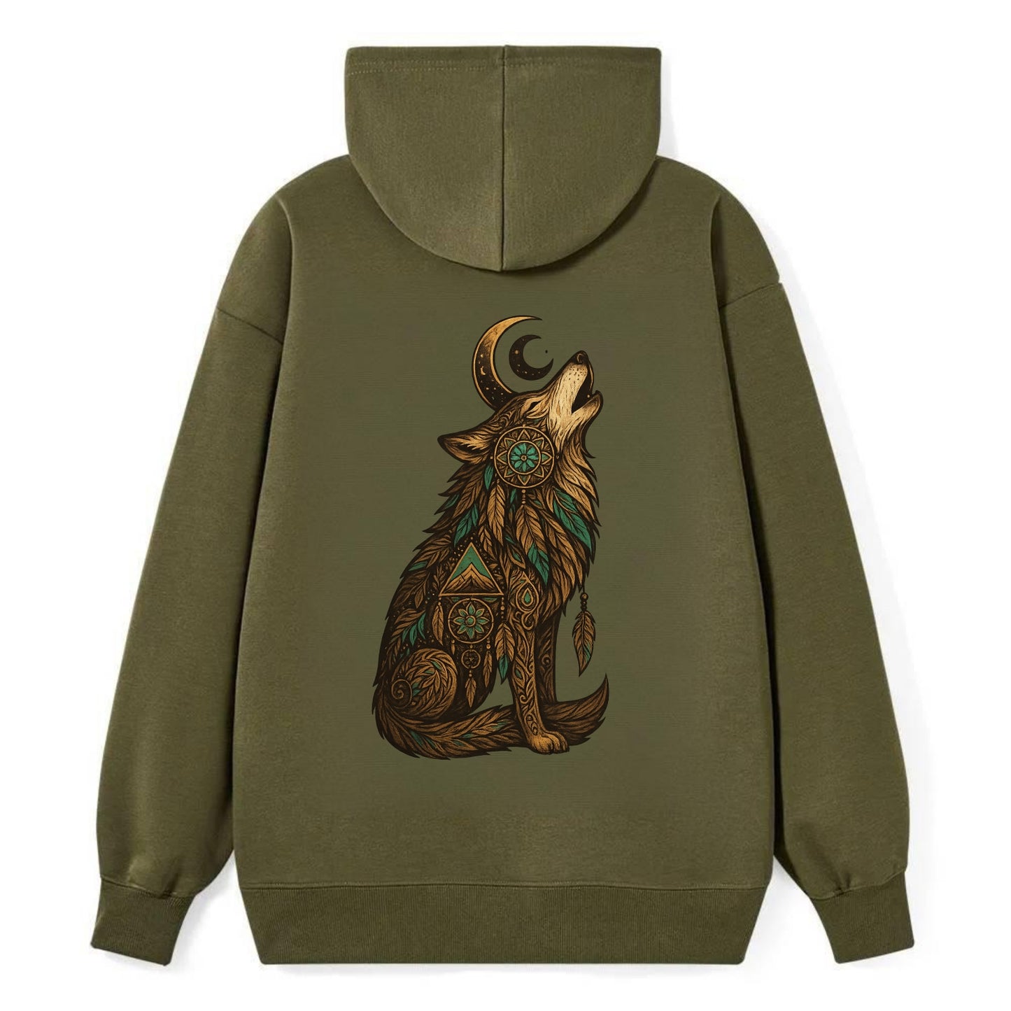 Celestial Moon Wolf  - Classic Pullover Hoodie - ArmyGreen