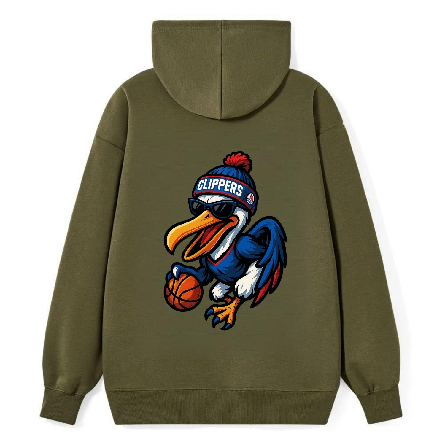 Los Angeles Pelican wearing Clippers beanie with sailboat patch and - Classic Pullover Hoodie - ArmyGreen
