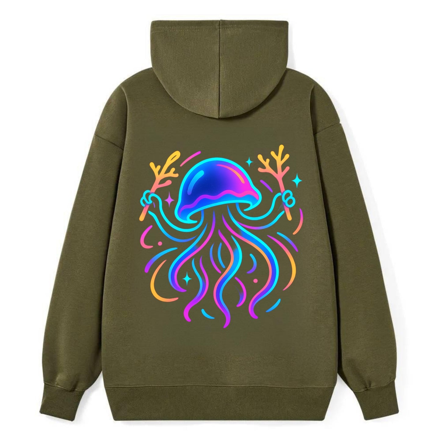 Jellyfish conducting a glow orchestra using coral batons in deep ocean - Classic Pullover Hoodie - ArmyGreen