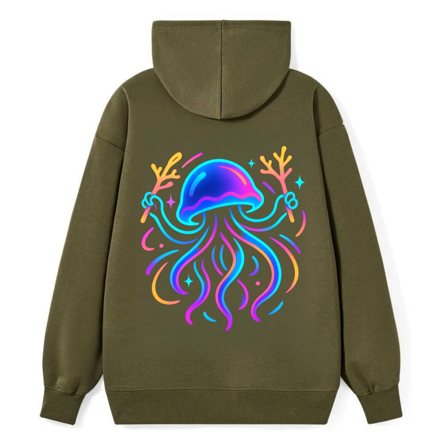 Jellyfish conducting a glow orchestra using coral batons in deep ocean - Classic Pullover Hoodie - ArmyGreen