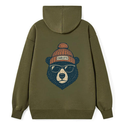 North Carolina Black Bear wearing Charlotte beanie with pom pom and - Classic Pullover Hoodie - ArmyGreen