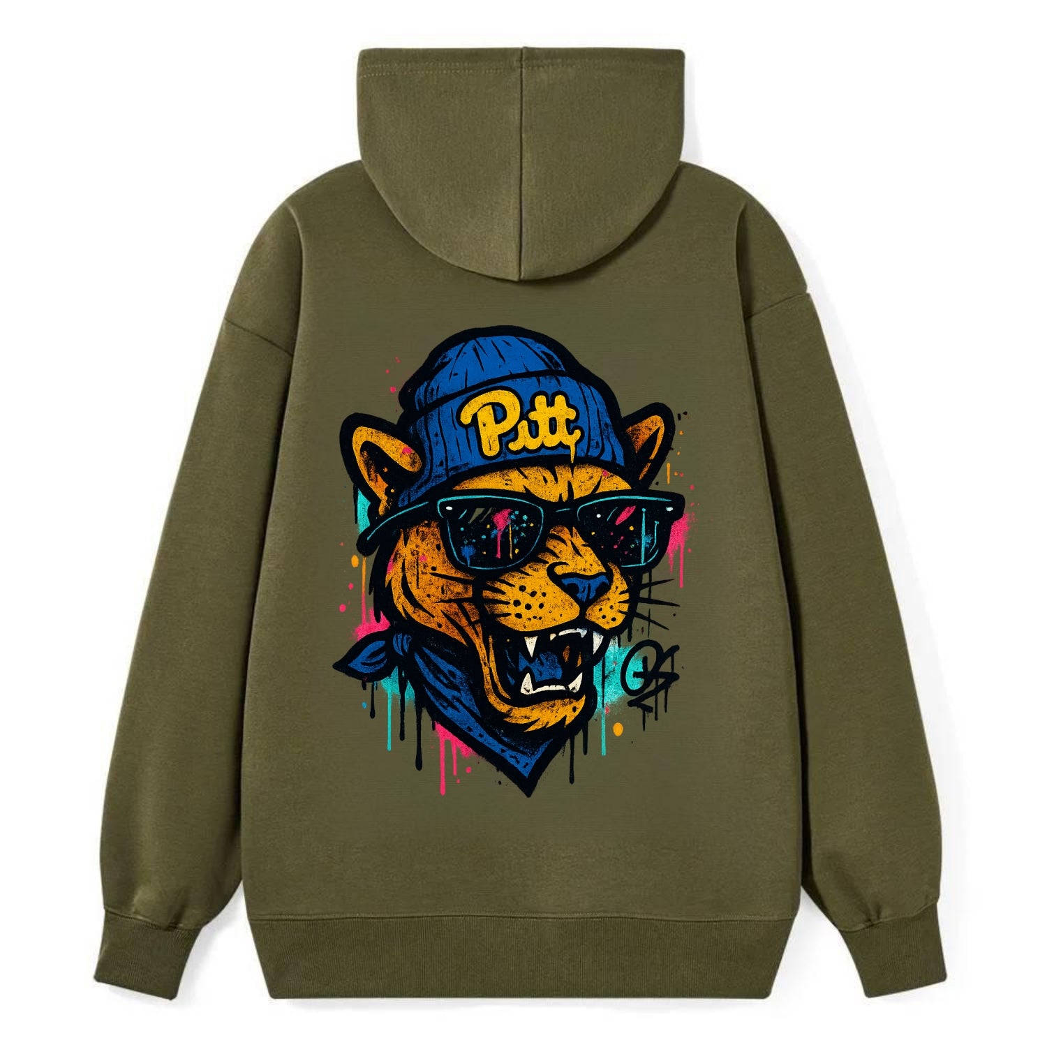 Pittsburgh Panther wearing Pitt beanie with script patch - Classic Pullover Hoodie - ArmyGreen
