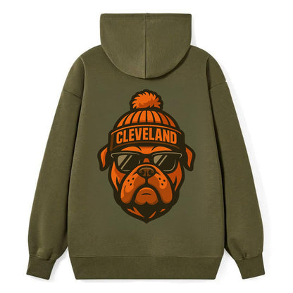 Cleveland Bulldog wearing Browns orange and brown beanie with pom pom and - Classic Pullover Hoodie - ArmyGreen