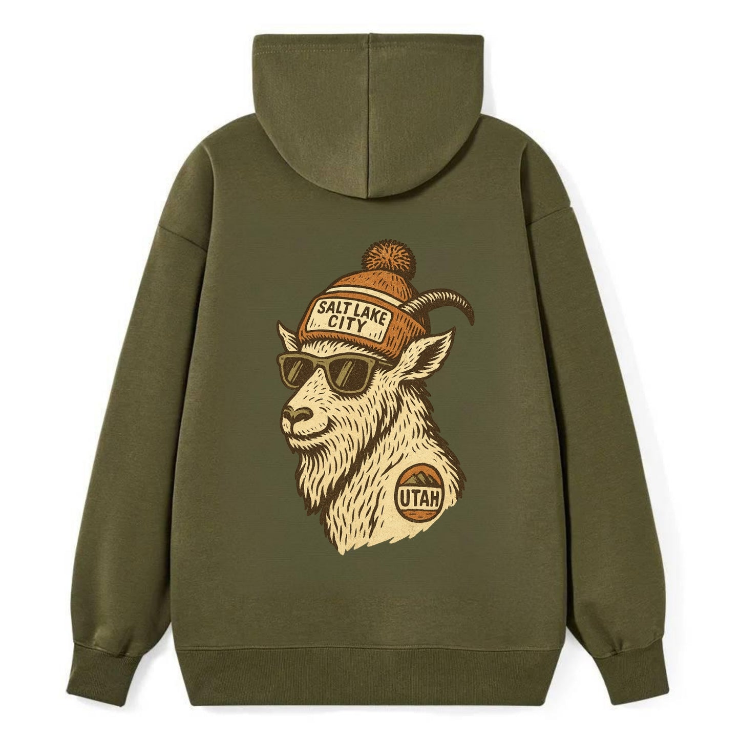 Utah Mountain Goat wearing Salt Lake City beanie with pom pom and - Classic Pullover Hoodie - ArmyGreen