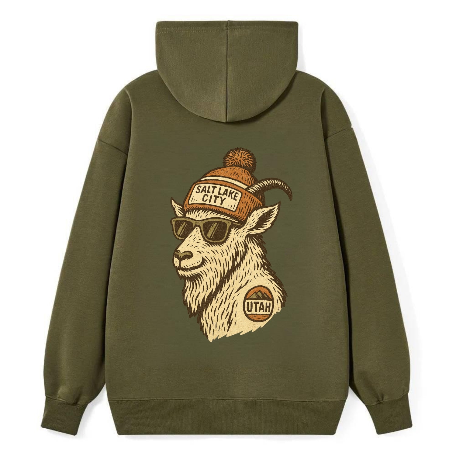 Utah Mountain Goat wearing Salt Lake City beanie with pom pom and - Classic Pullover Hoodie - ArmyGreen