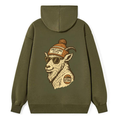 Utah Mountain Goat wearing Salt Lake City beanie with pom pom and - Classic Pullover Hoodie - ArmyGreen