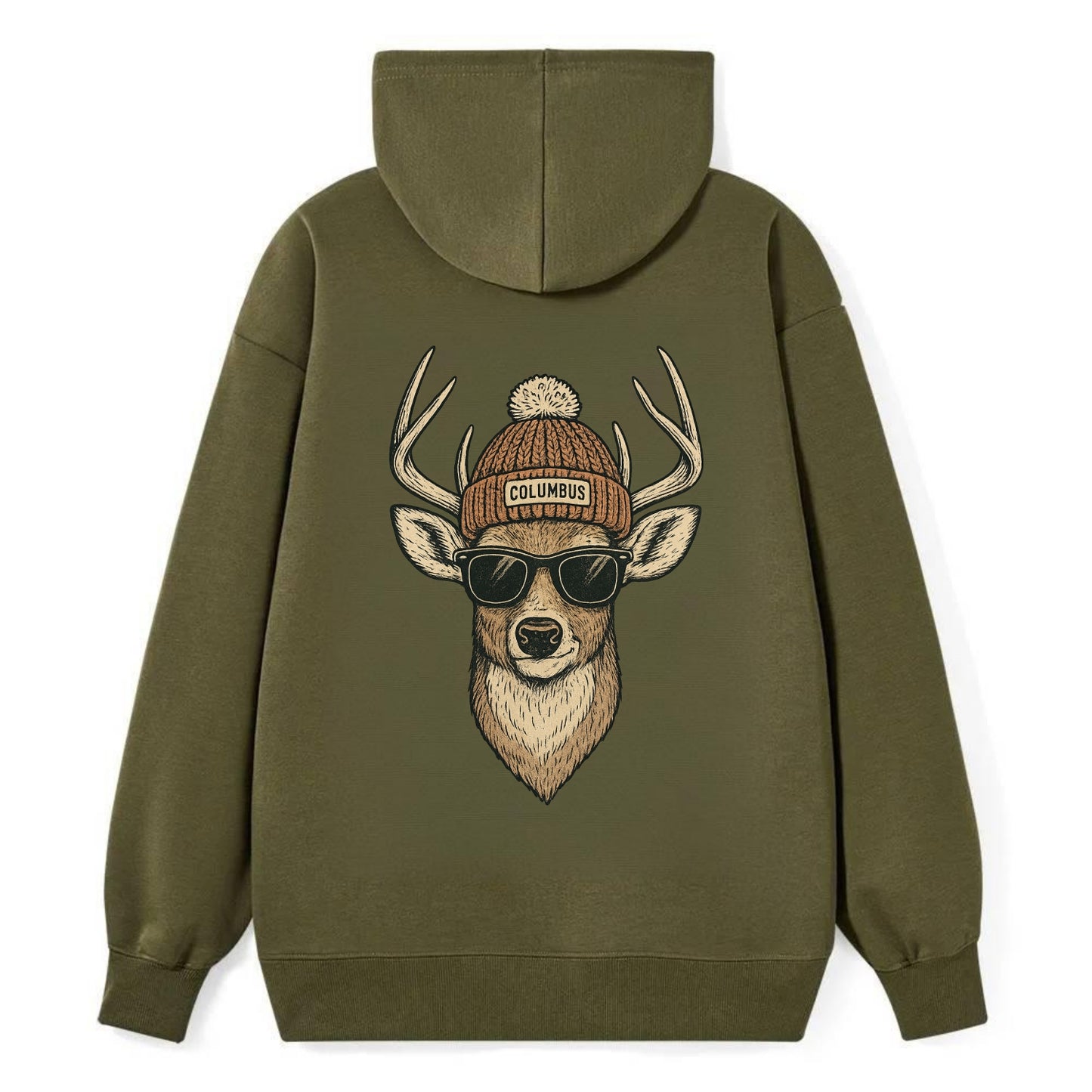 Ohio White-tailed Deer wearing Columbus beanie with pom pom and wayfarer - Classic Pullover Hoodie - ArmyGreen