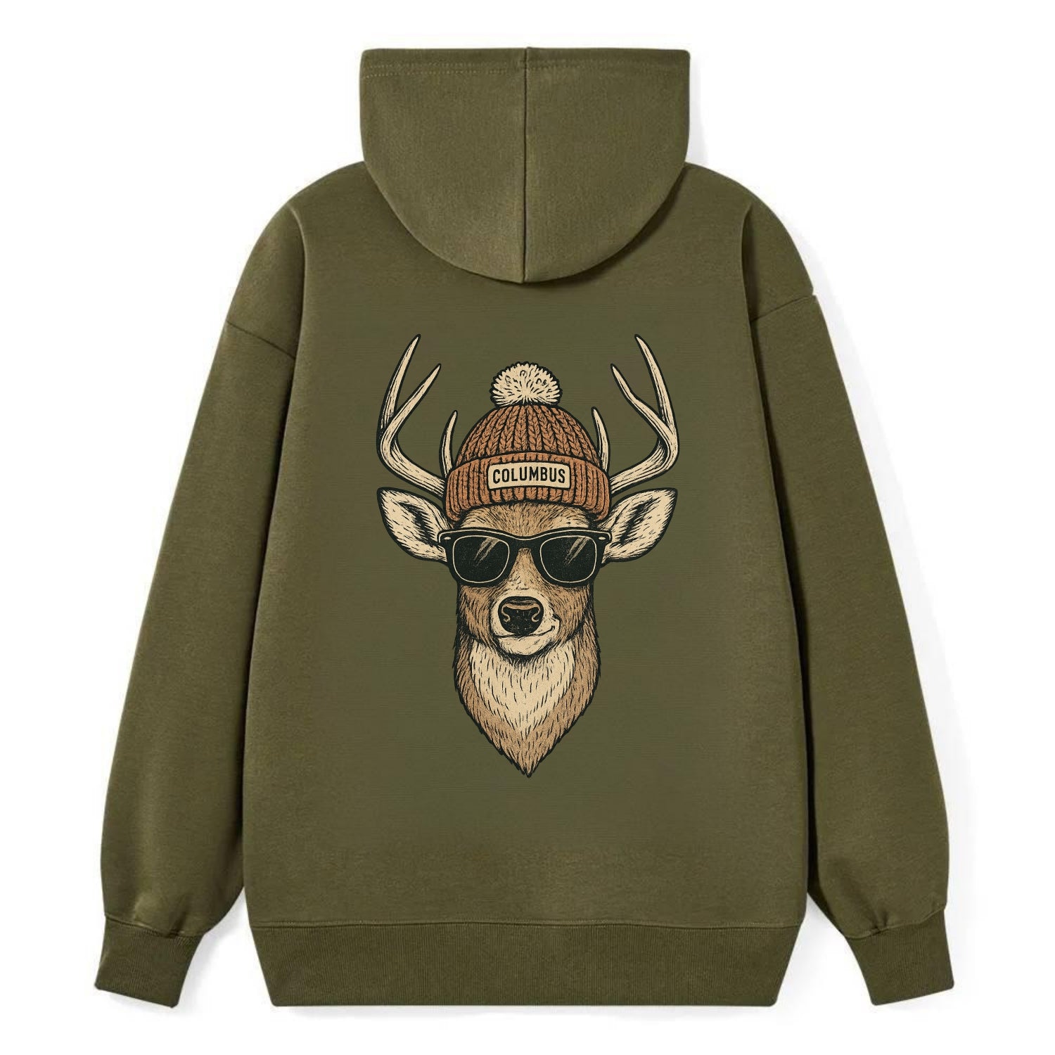 Ohio White-tailed Deer wearing Columbus beanie with pom pom and wayfarer - Classic Pullover Hoodie - ArmyGreen
