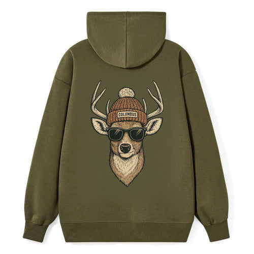 Ohio White-tailed Deer wearing Columbus beanie with pom pom and wayfarer - Classic Pullover Hoodie
