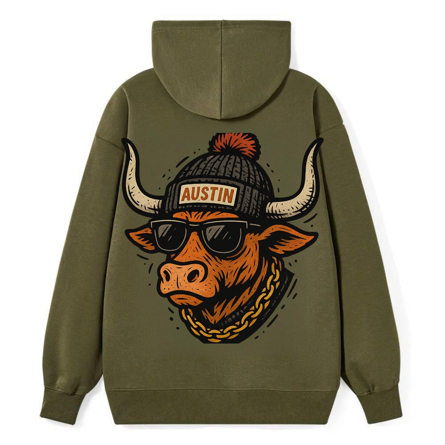Texas Longhorn wearing Austin beanie with pom pom and wayfarer sunglasses - Classic Pullover Hoodie - ArmyGreen