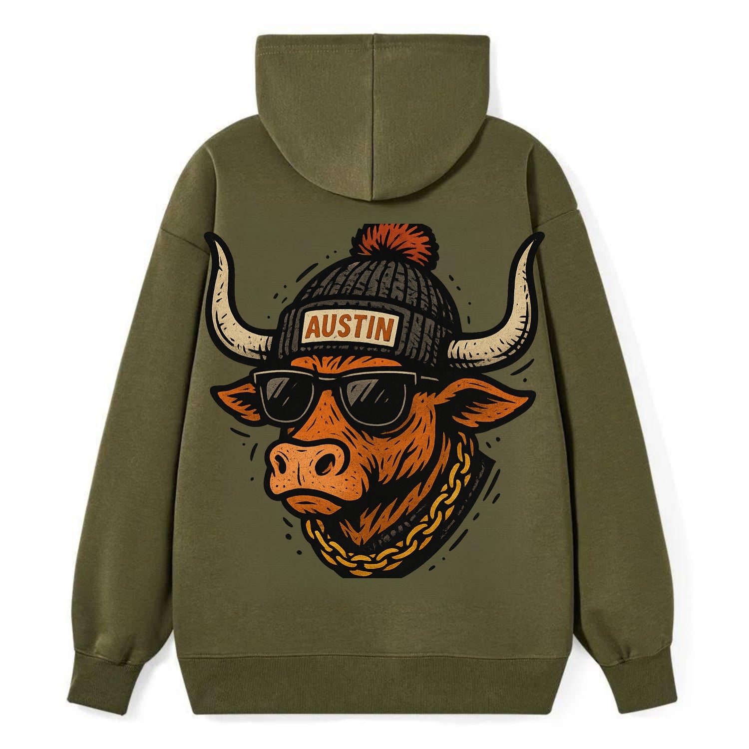 Texas Longhorn wearing Austin beanie with pom pom and wayfarer sunglasses - Classic Pullover Hoodie - ArmyGreen