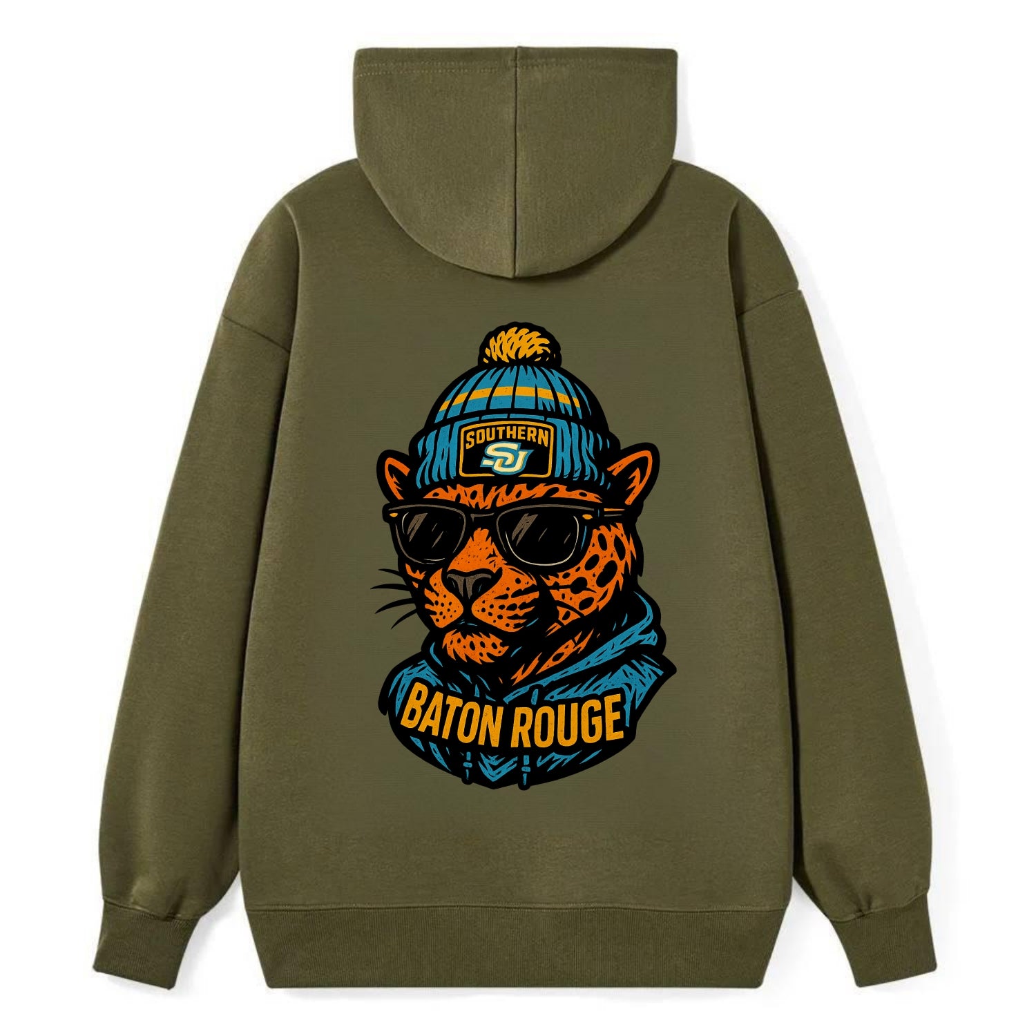 Baton Rouge Jaguar wearing Southern beanie with SU patch - Classic Pullover Hoodie - ArmyGreen