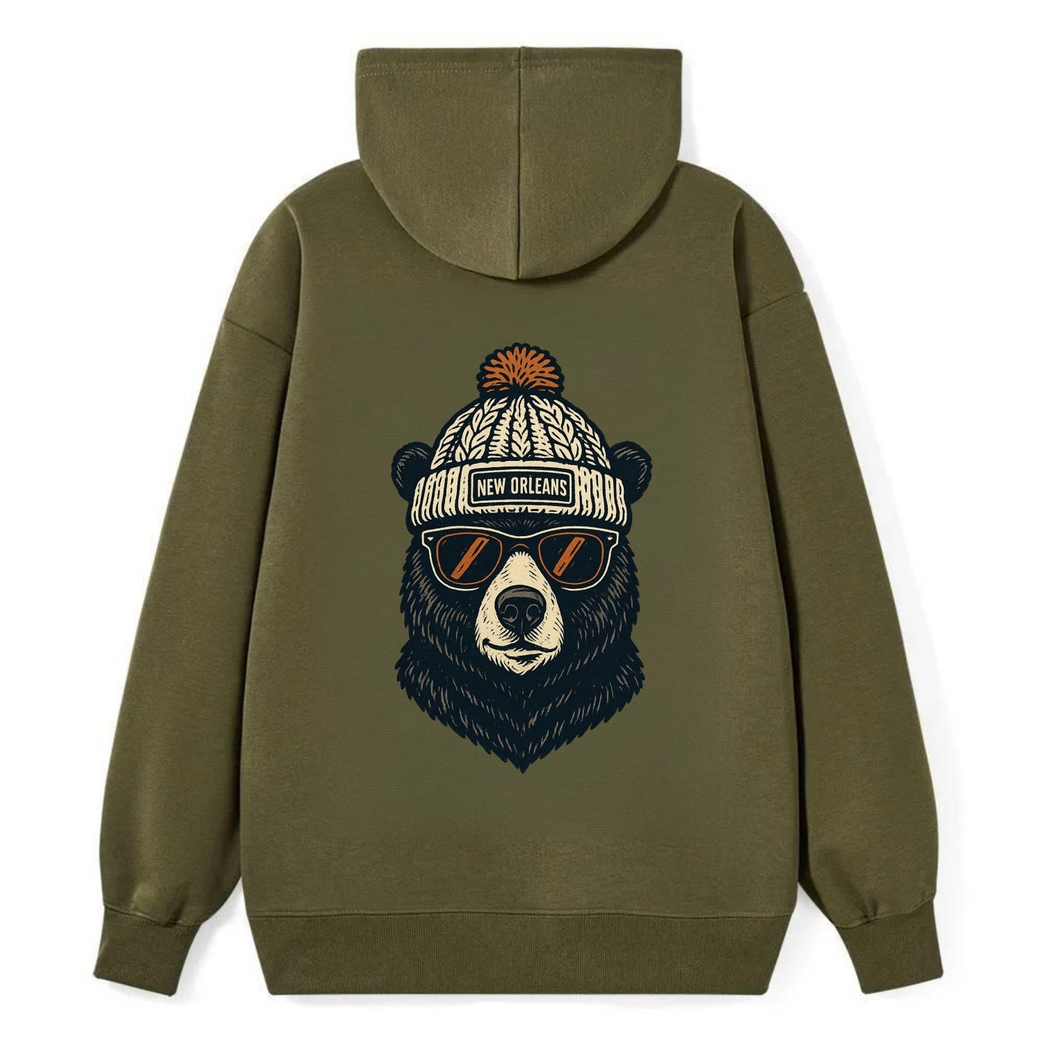 Louisiana Black Bear wearing New Orleans beanie with pom pom and wayfarer - Classic Pullover Hoodie - ArmyGreen