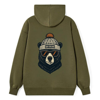 Louisiana Black Bear wearing New Orleans beanie with pom pom and wayfarer - Classic Pullover Hoodie - ArmyGreen