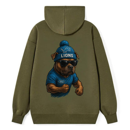 Detroit Pitbull wearing Lions beanie with auto patch and wayfarer - Classic Pullover Hoodie - ArmyGreen