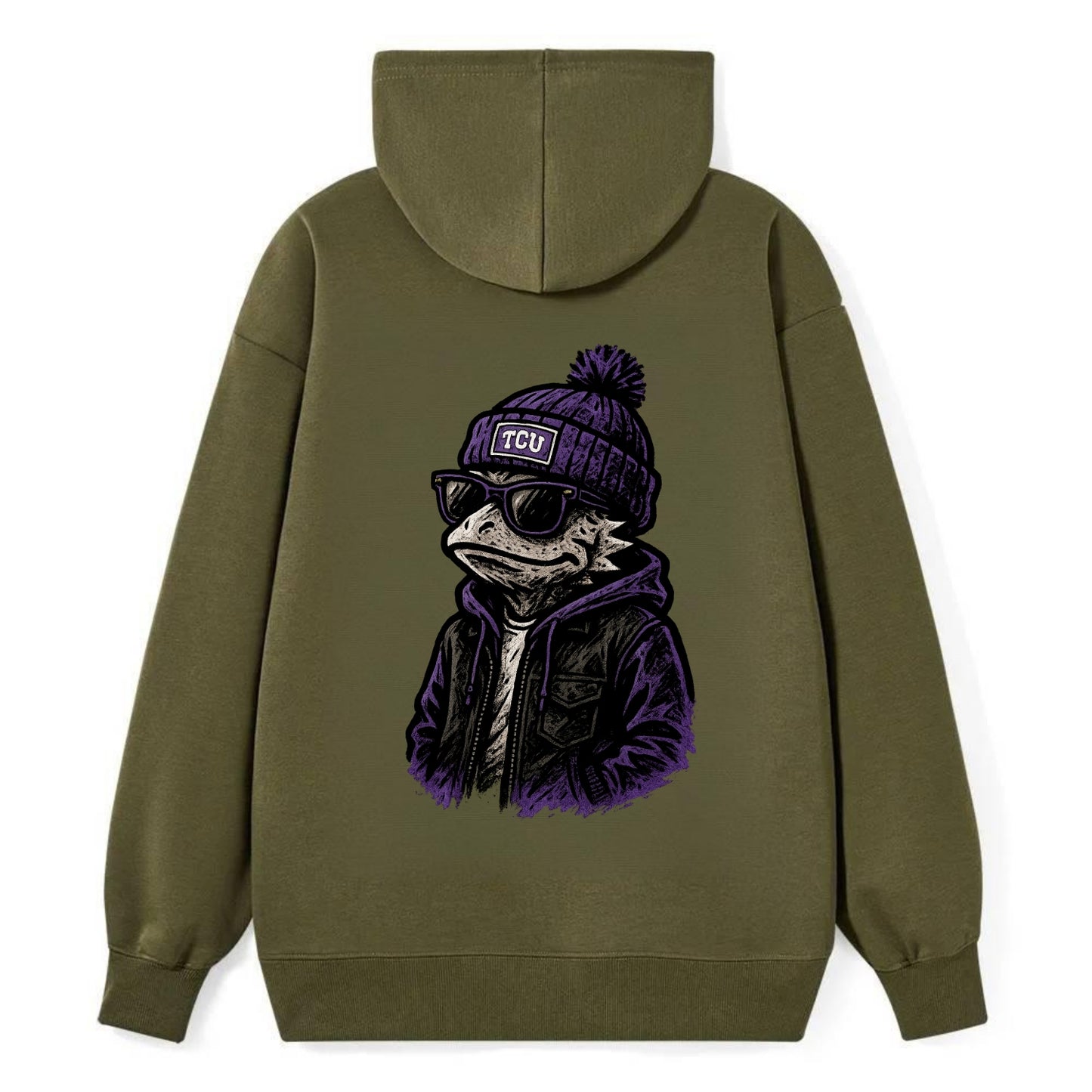 Fort Worth Frog wearing TCU beanie with horned patch - Classic Pullover Hoodie - ArmyGreen