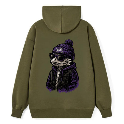 Fort Worth Frog wearing TCU beanie with horned patch - Classic Pullover Hoodie - ArmyGreen