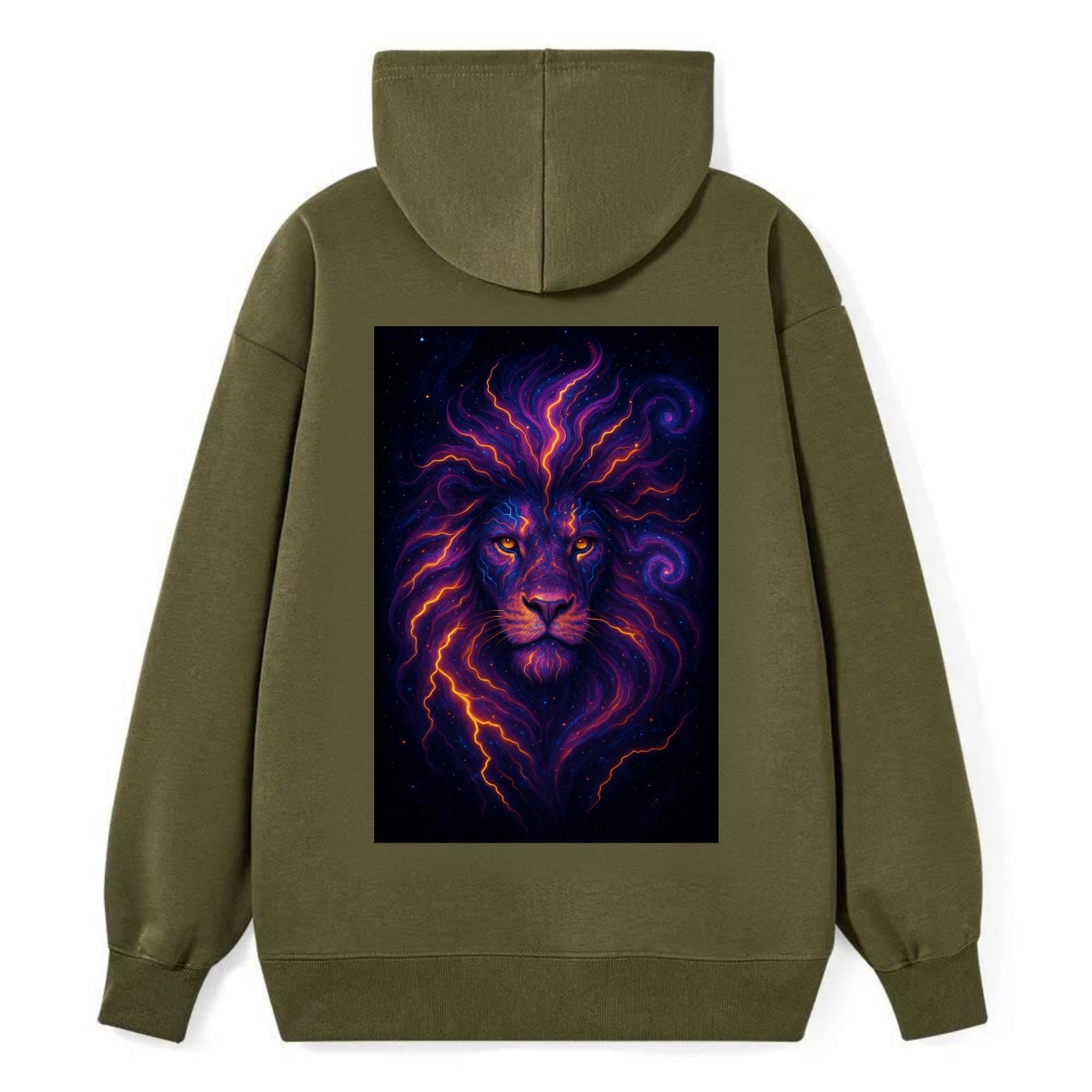 Regal lion with mane made of electric currents, neon yellow and hot pink - Classic Pullover Hoodie - ArmyGreen
