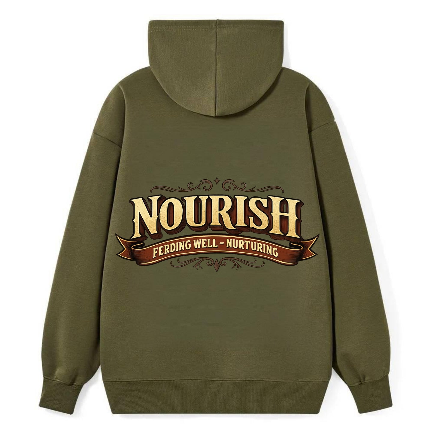 Bold typography design - "NOURISH" - feeding well, nurturing - Classic Pullover Hoodie - ArmyGreen