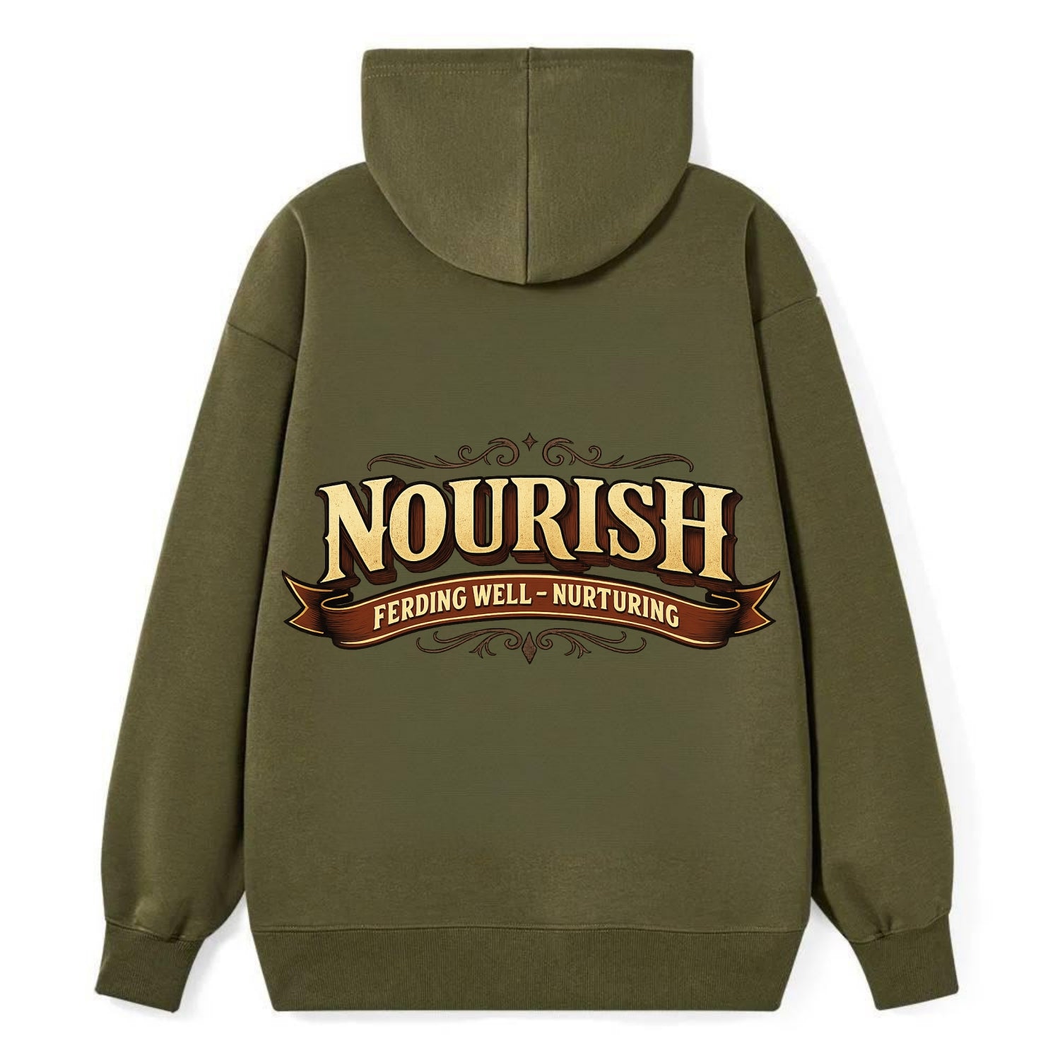 Bold typography design - "NOURISH" - feeding well, nurturing - Classic Pullover Hoodie - ArmyGreen