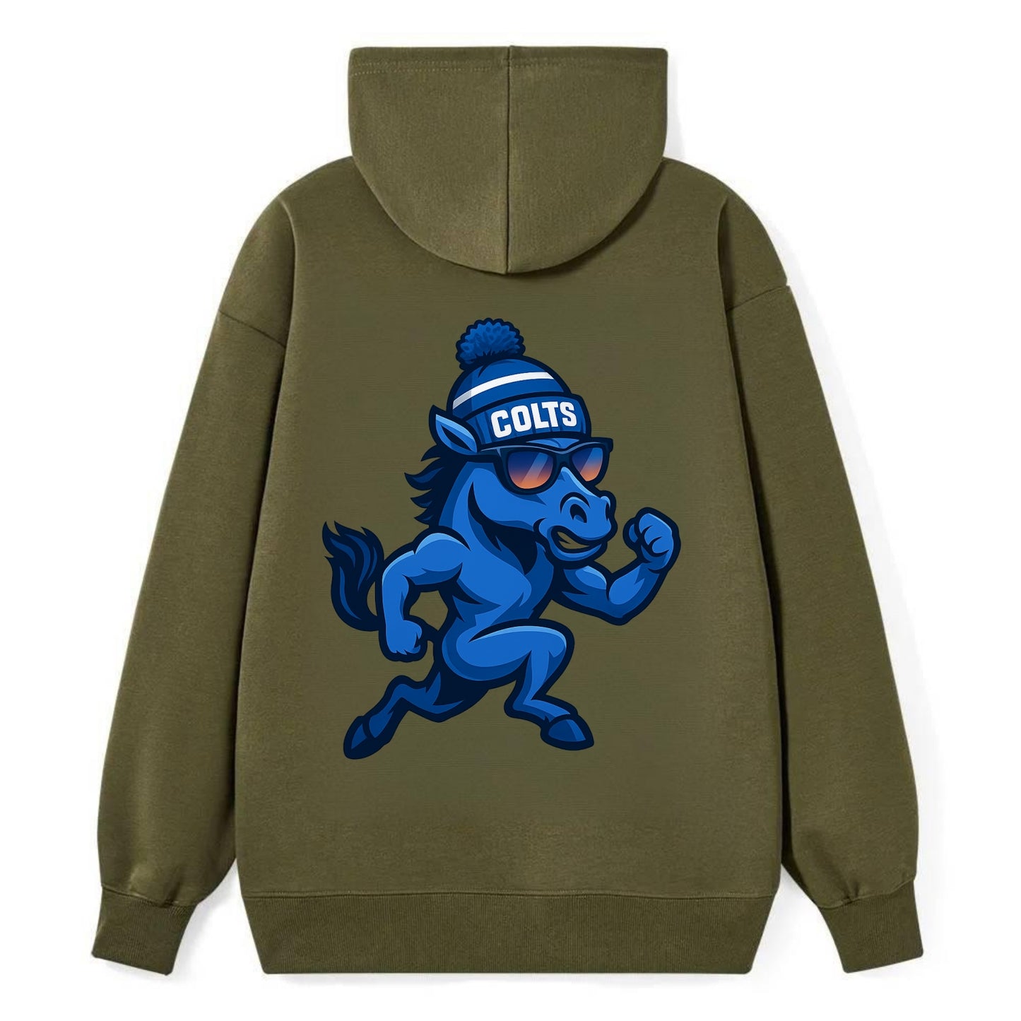 Indianapolis Colt Horse wearing Colts blue and white beanie with pom pom - Classic Pullover Hoodie - ArmyGreen