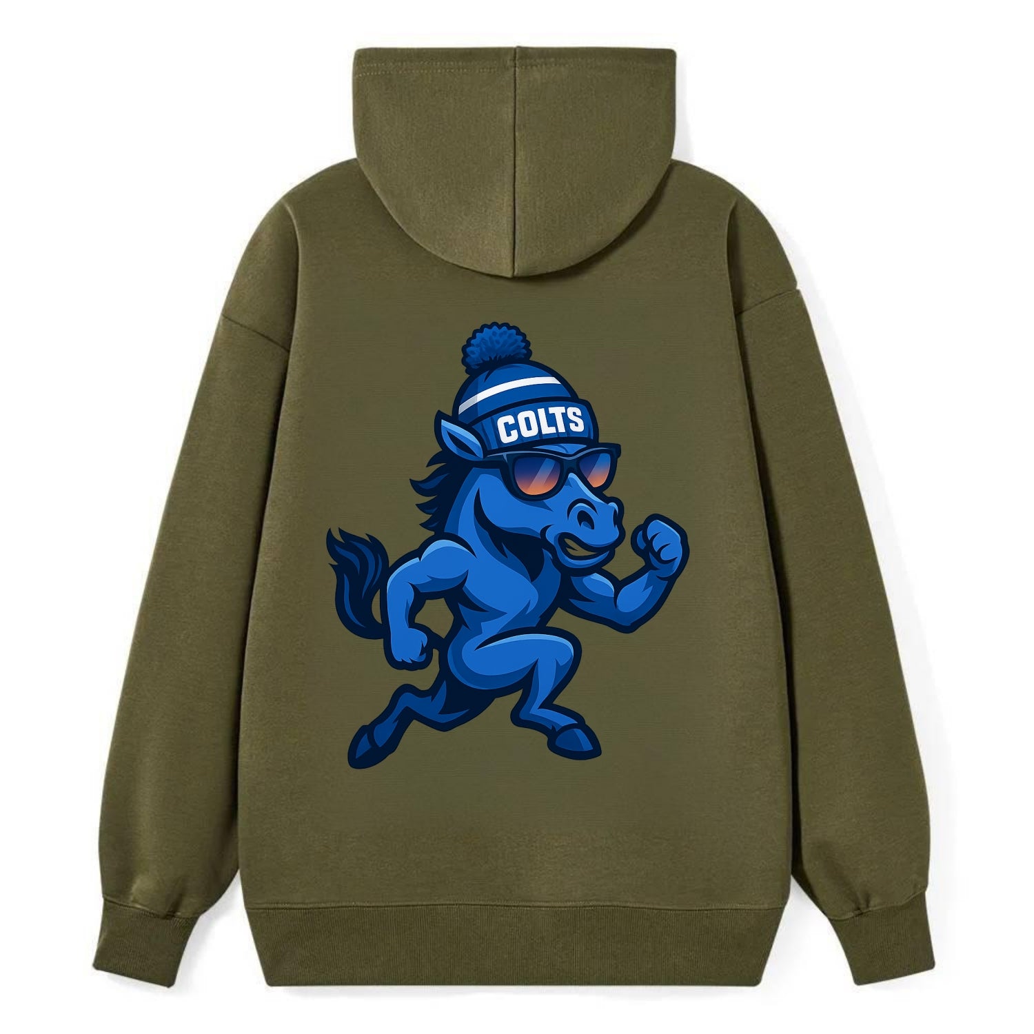 Indianapolis Colt Horse wearing Colts blue and white beanie with pom pom - Classic Pullover Hoodie - ArmyGreen