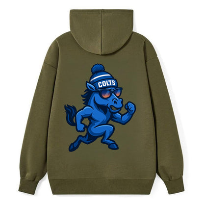 Indianapolis Colt Horse wearing Colts blue and white beanie with pom pom - Classic Pullover Hoodie - ArmyGreen