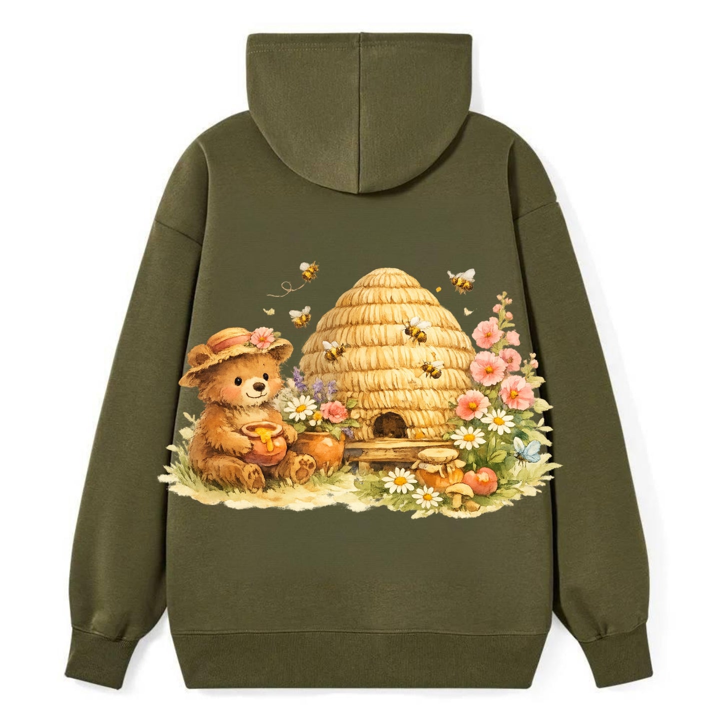 SKEP HIVE | Traditional straw beehive | Cottage garden setting | Buzzing - Classic Pullover Hoodie - ArmyGreen