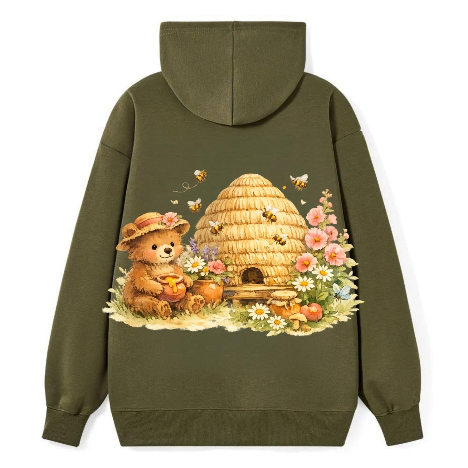 SKEP HIVE | Traditional straw beehive | Cottage garden setting | Buzzing - Classic Pullover Hoodie - ArmyGreen