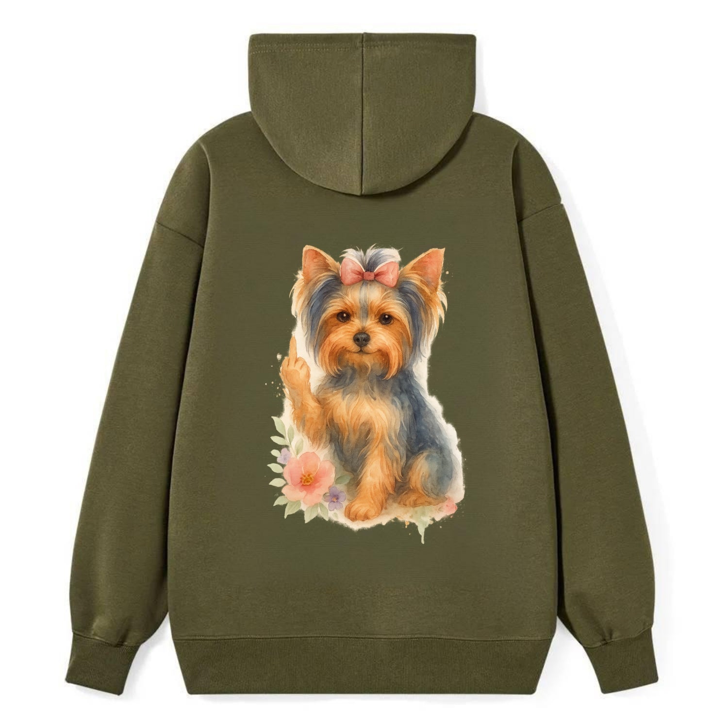 Yorkshire Terrier with topknot bow, one delicate paw flipping off - Classic Pullover Hoodie - ArmyGreen