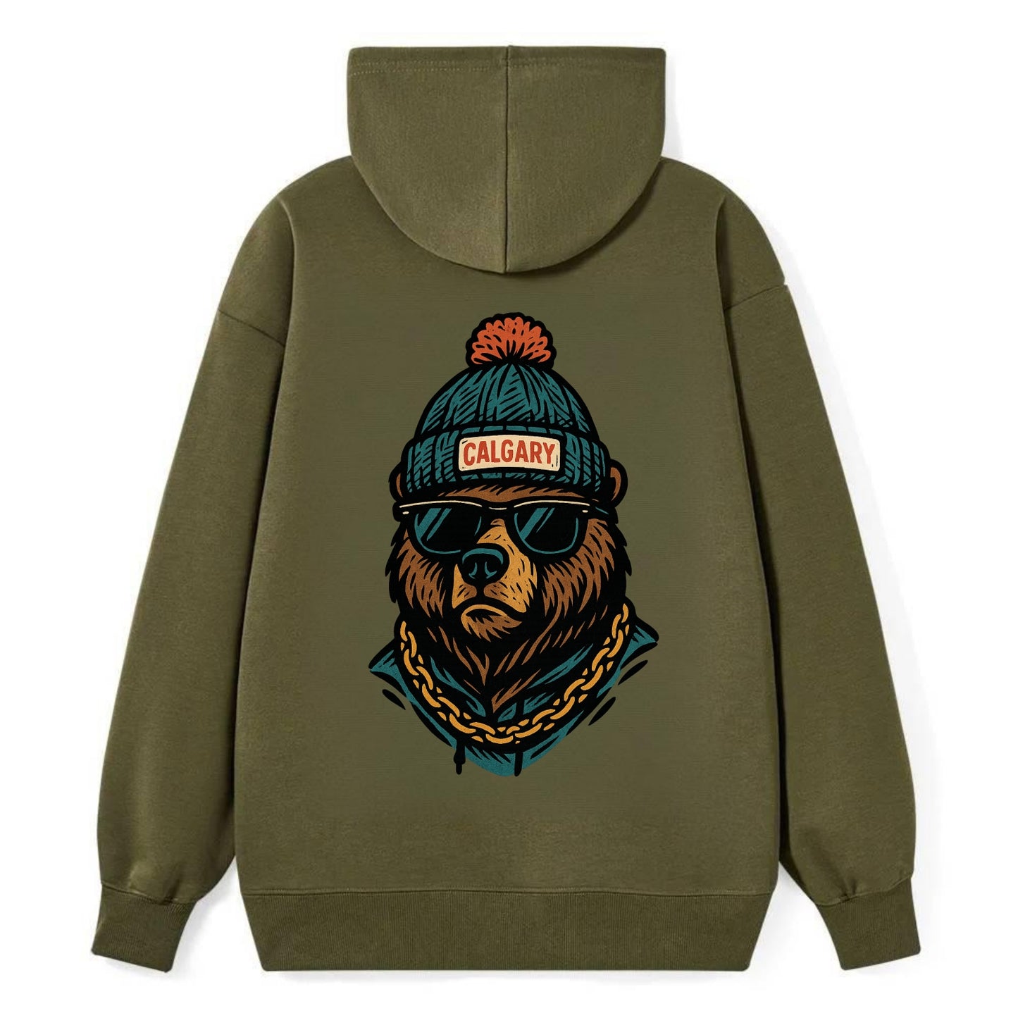 Calgary Grizzly Bear wearing Calgary beanie with pom pom and wayfarer - Classic Pullover Hoodie - ArmyGreen