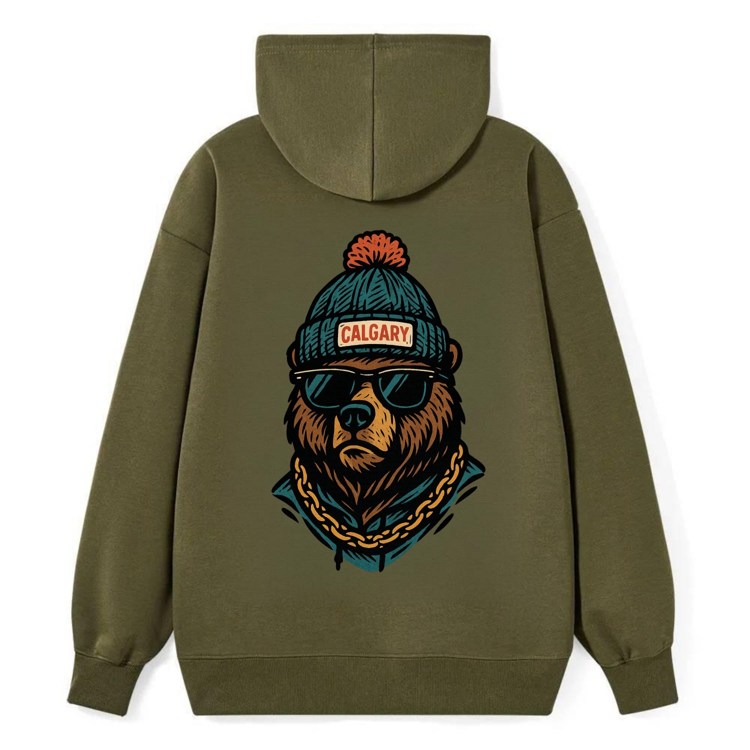 Calgary Grizzly Bear wearing Calgary beanie with pom pom and wayfarer - Classic Pullover Hoodie - ArmyGreen