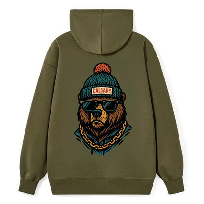 Calgary Grizzly Bear wearing Calgary beanie with pom pom and wayfarer - Classic Pullover Hoodie - ArmyGreen