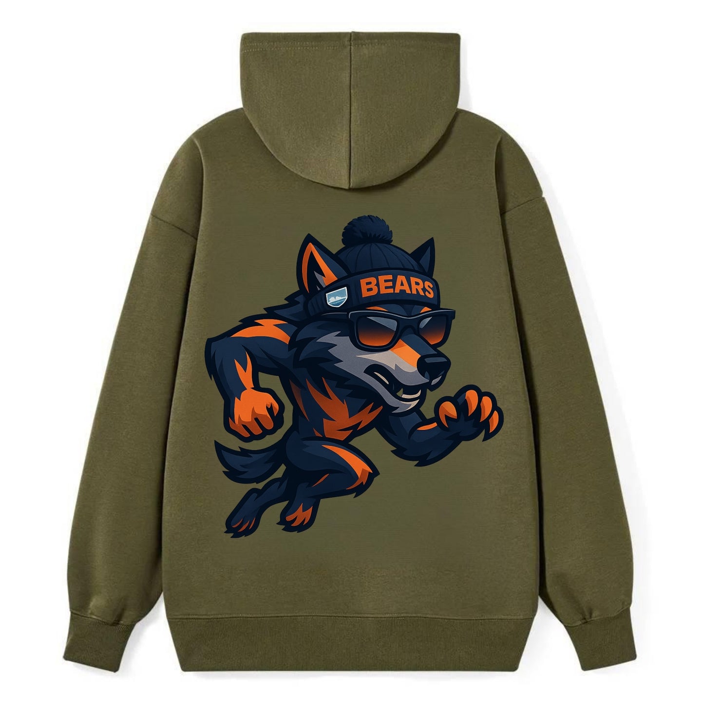 Chicago Wolf wearing Bears beanie with Lake Michigan patch and wayfarer - Classic Pullover Hoodie - ArmyGreen