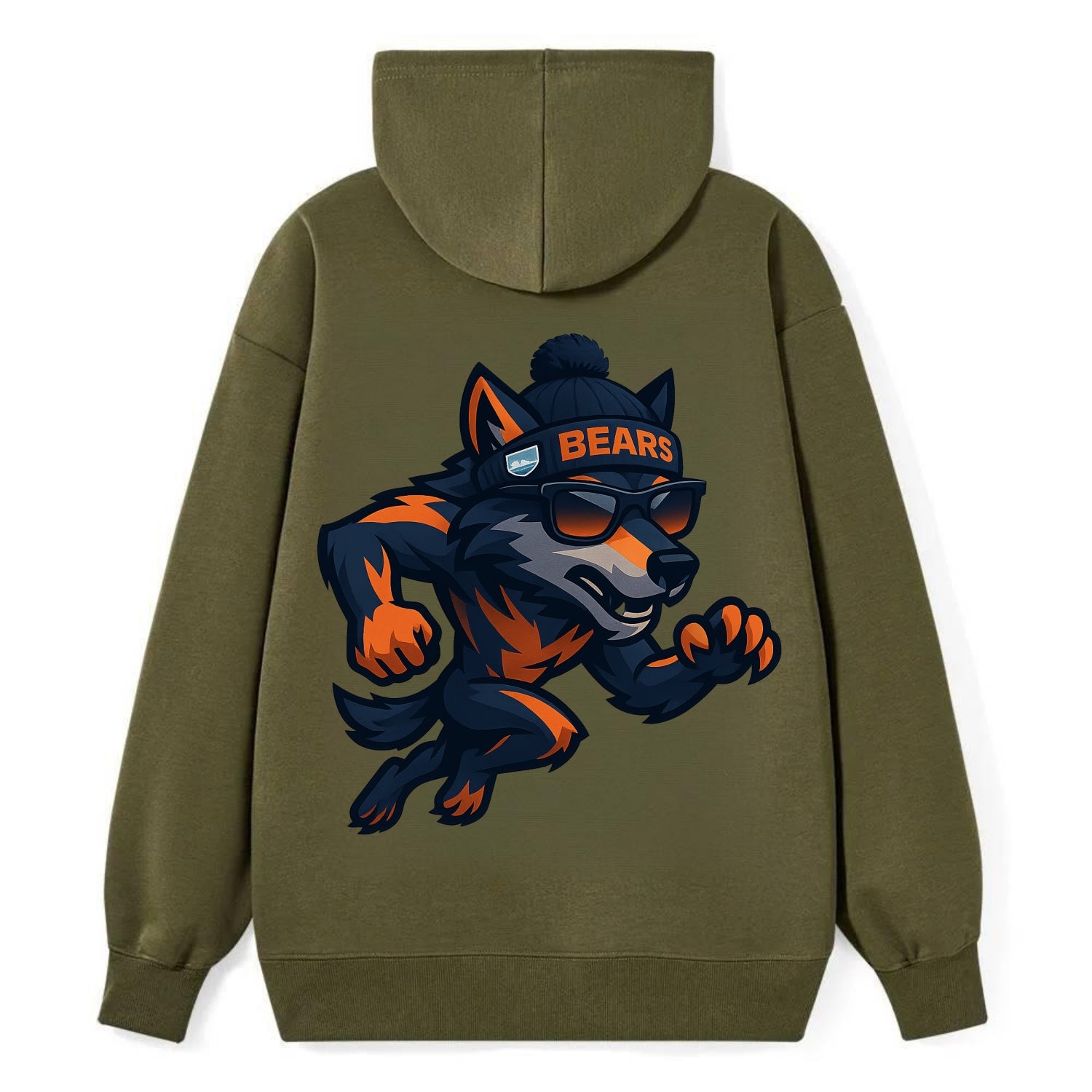 Chicago Wolf wearing Bears beanie with Lake Michigan patch and wayfarer - Classic Pullover Hoodie - ArmyGreen