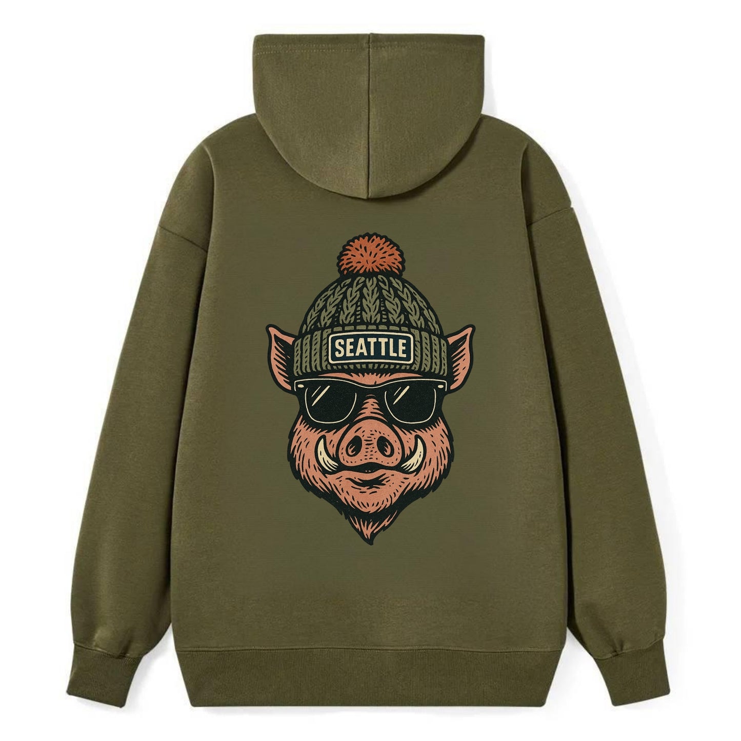 Washington Hog wearing Seattle beanie with pom pom and wayfarer sunglasses - Classic Pullover Hoodie - ArmyGreen