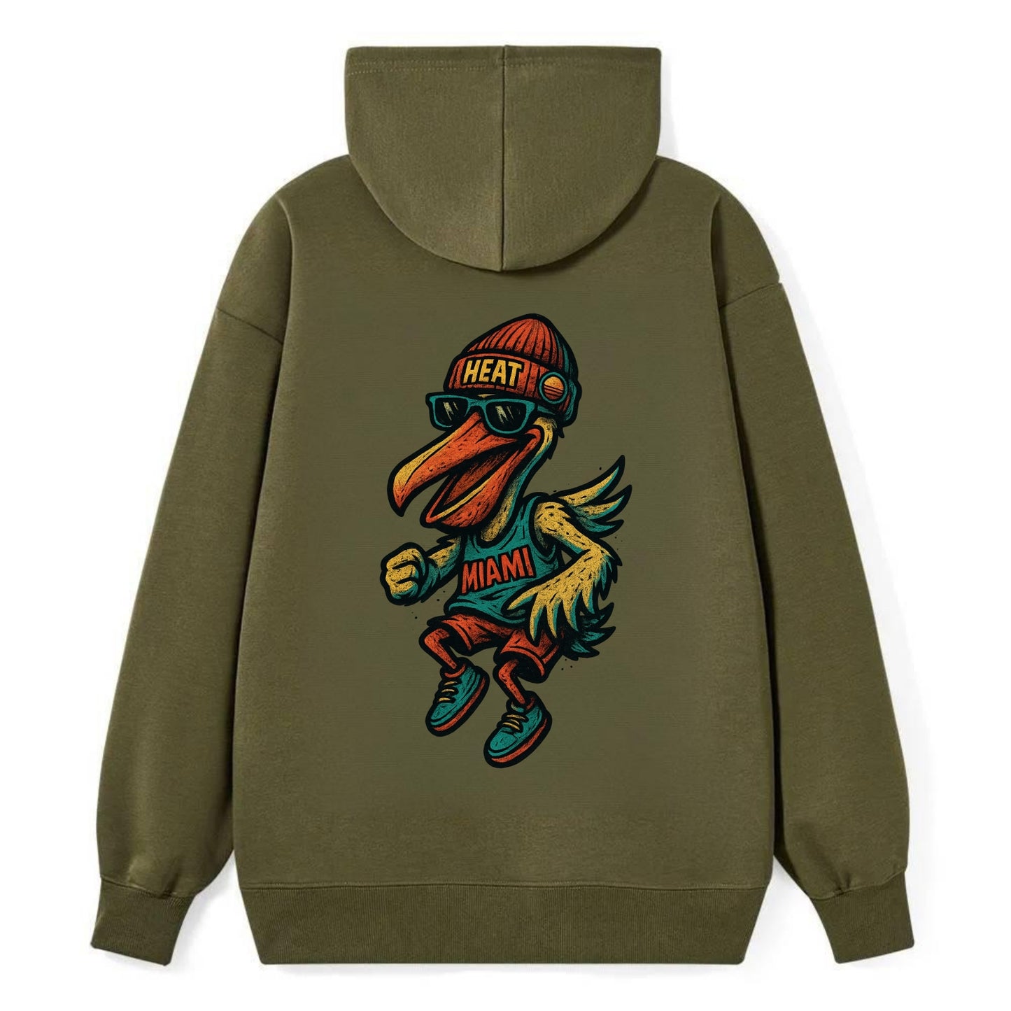 Miami Pelican wearing Heat beanie with sunset patch and wayfarer - Classic Pullover Hoodie - ArmyGreen