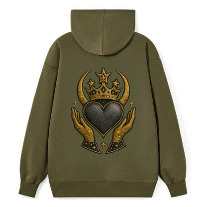 Celtic knot crown with woven strands merging into copper hands shielding - Classic Pullover Hoodie - ArmyGreen