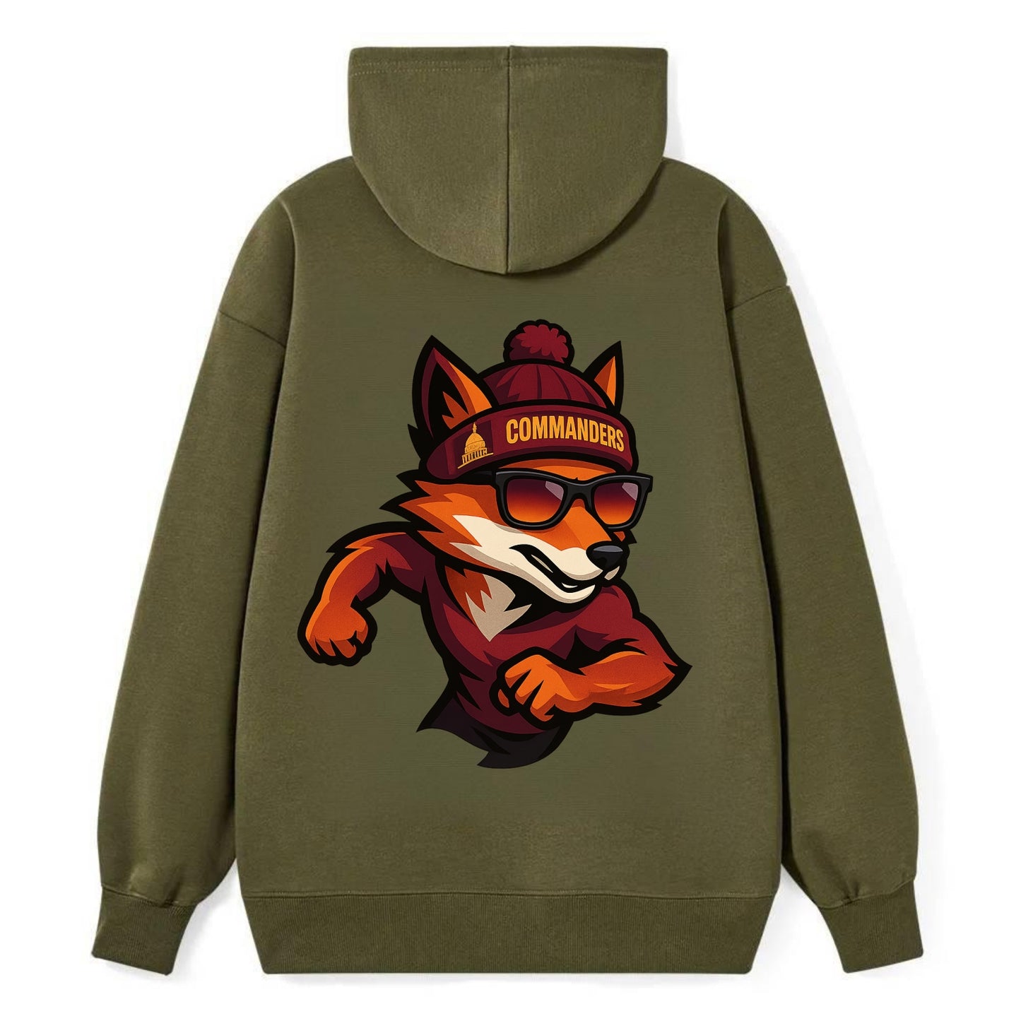 Washington Fox wearing Commanders beanie with Capitol patch and wayfarer - Classic Pullover Hoodie - ArmyGreen