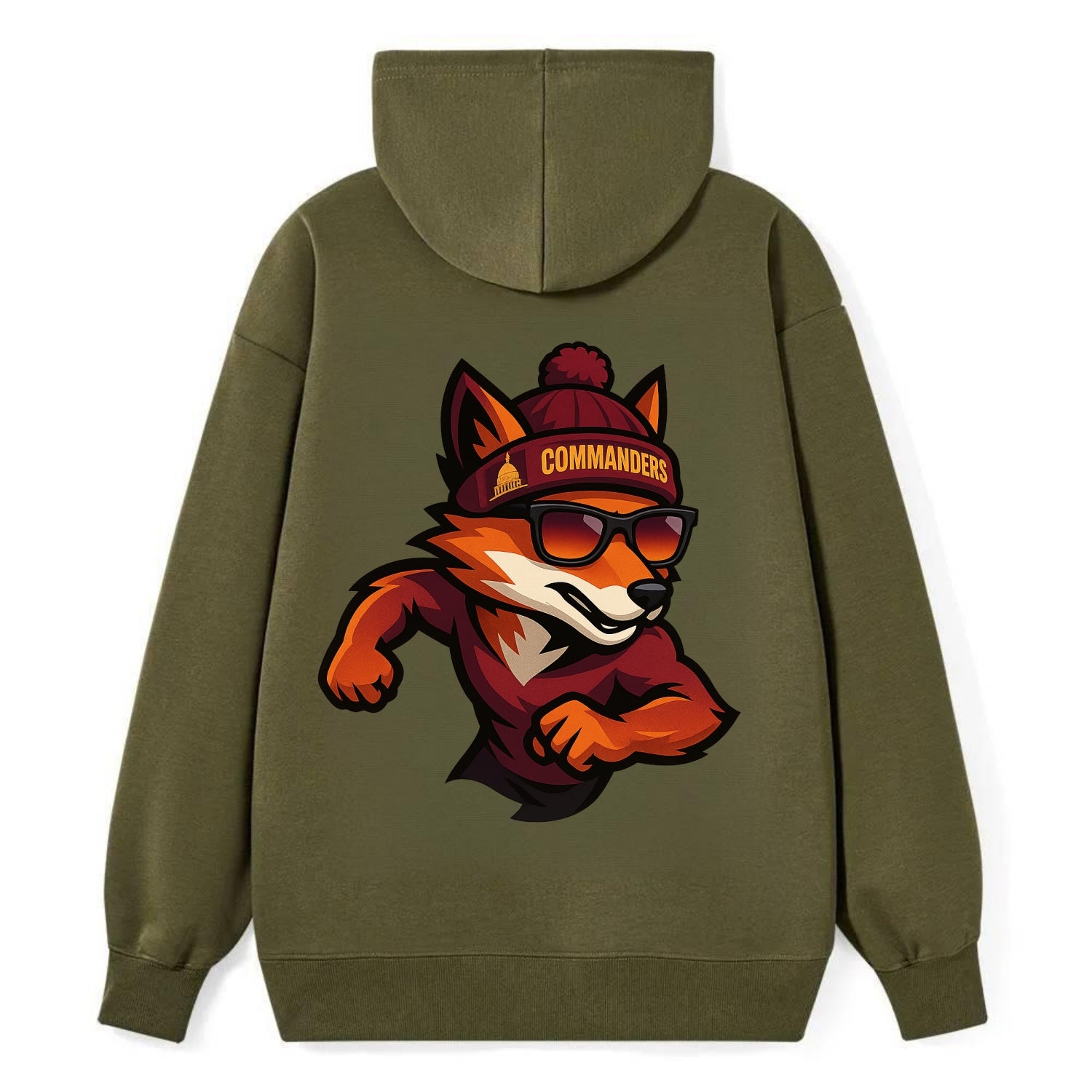 Washington Fox wearing Commanders beanie with Capitol patch and wayfarer - Classic Pullover Hoodie - ArmyGreen