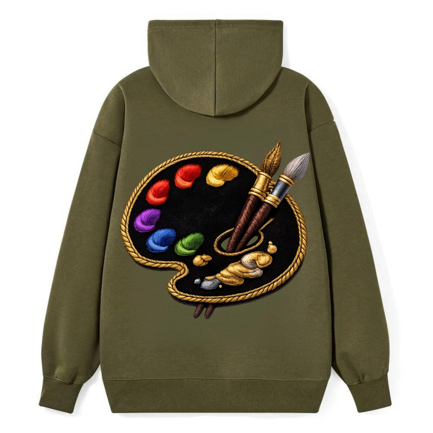 PAINT PALETTE - artist palette with brushes in rainbow and brown , - Classic Pullover Hoodie - ArmyGreen